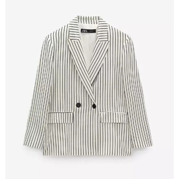 Zara Women Blazer Jacket XS White Striped Oversized Double Breasted 3455/543 NWT - Picture 2 of 13